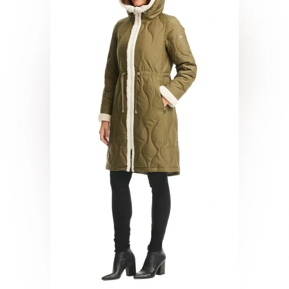 NWT KATE SPADE FAUX SHEARLING TRIM DOWN AND FEATHER FILL LONG COAT OLIVE SIZE XL - Picture 5 of 16